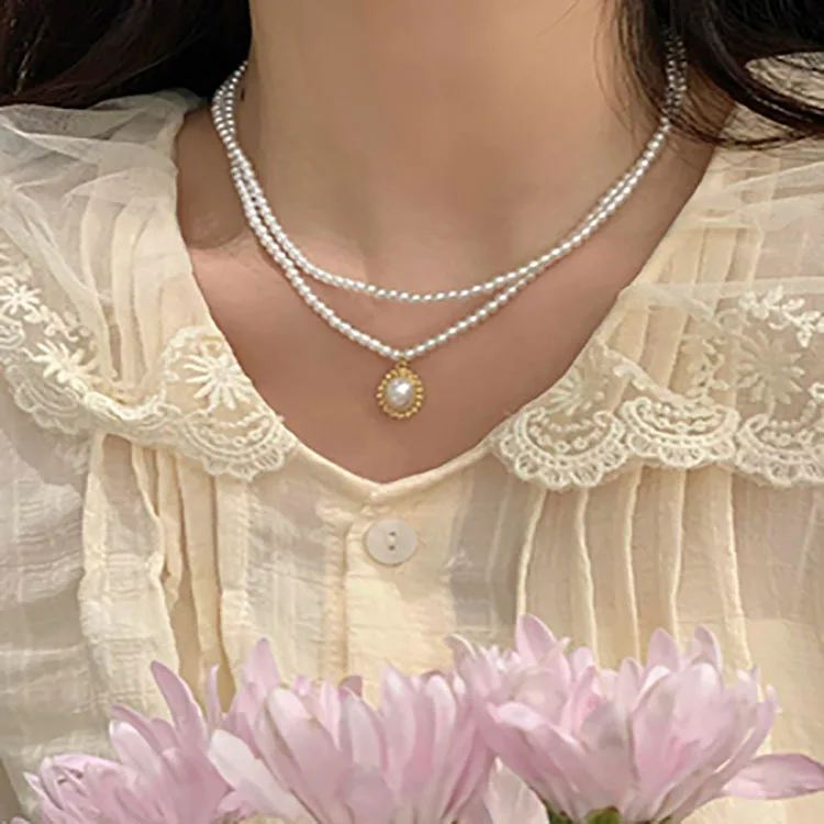 

IHUES Double Pearl Necklace Ladies Retro Baroque Palace Style Necklace Fashion Clavicle Chain Wedding Banquet Jewelry