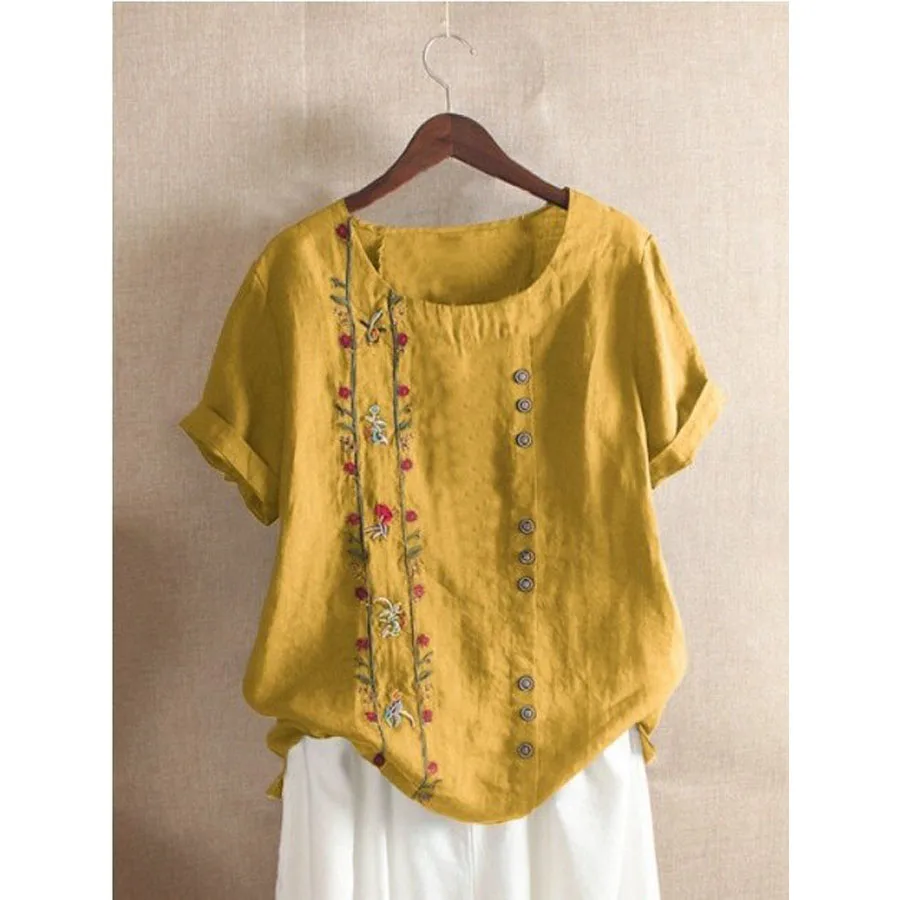Женская блузка с вышивкой Повседневная хлопковая льняная рубашка большого