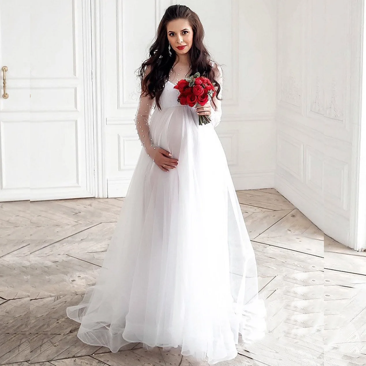 

New Tulle Cute Maternity Dresses For Baby Showers Party Long Pregnancy Photoshoot Prop Mesh Pregnant Women Photography Maxi Gown