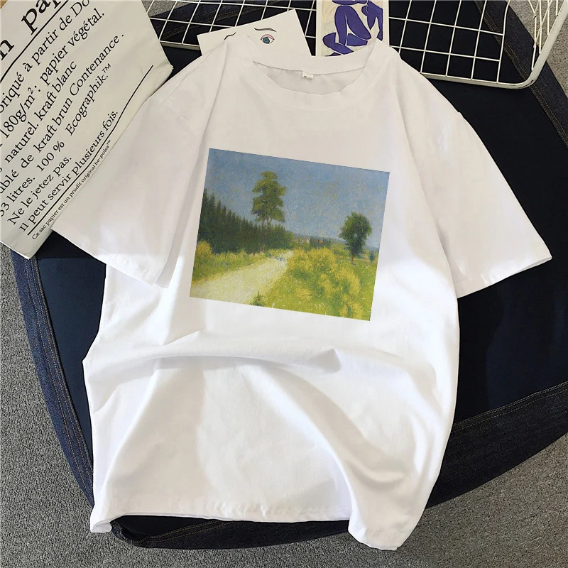 

Oil painting theme Print T shirt Women Fashion Tshirt O neck Short Sleeve Harajuku T shirt White Tops Female Tops