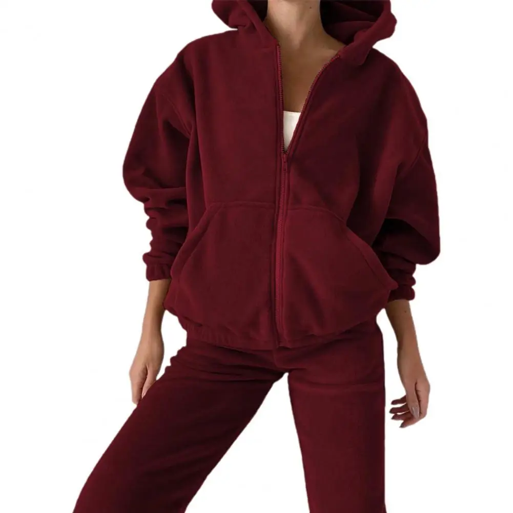 

1 Set Hoodie Pants Set Solid Color Hooded Loose Sweatshirt High Waist Sweatpants Autumn Winter