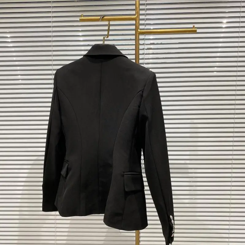 

Autumn New Double Breasted Metal Buckle Rhinestone Shoulder Pad Slim Suit Jacket Solid Lady Short Blazer Coat Cropped Jacket