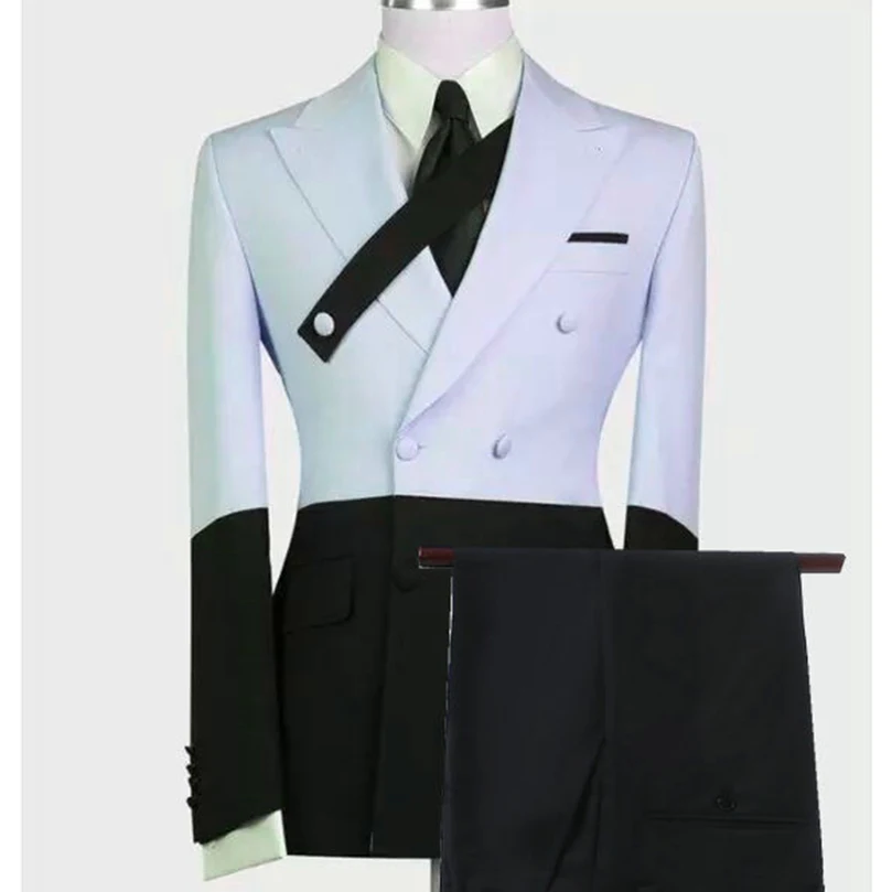 

Custom Made Sky Blue Black Suit Men Set Slim Fit Groomsmen Groom Marriage Wedding Dress Tuxedo Prom Blazer With Pants 2 Pieces
