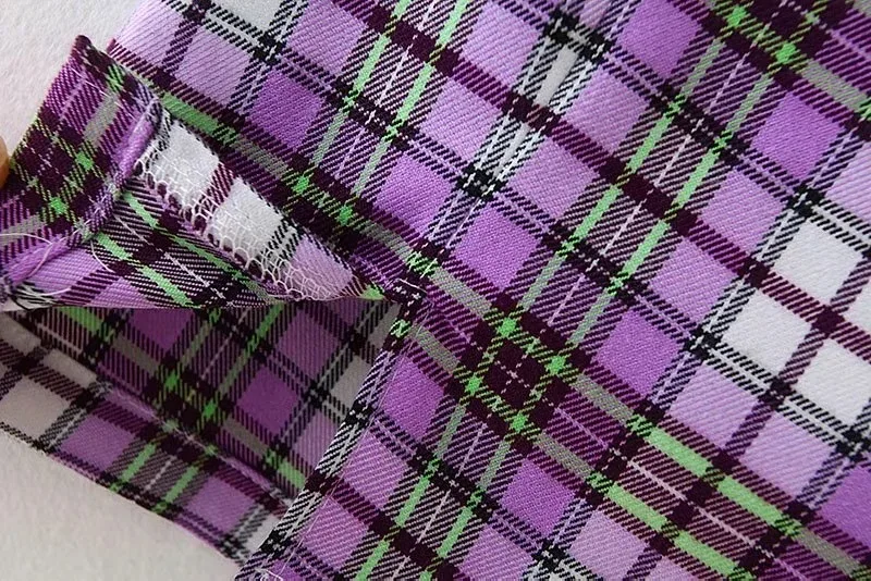 

A-line Short Skirts Women Purple Green and White Collision Color Grid Split Skirt