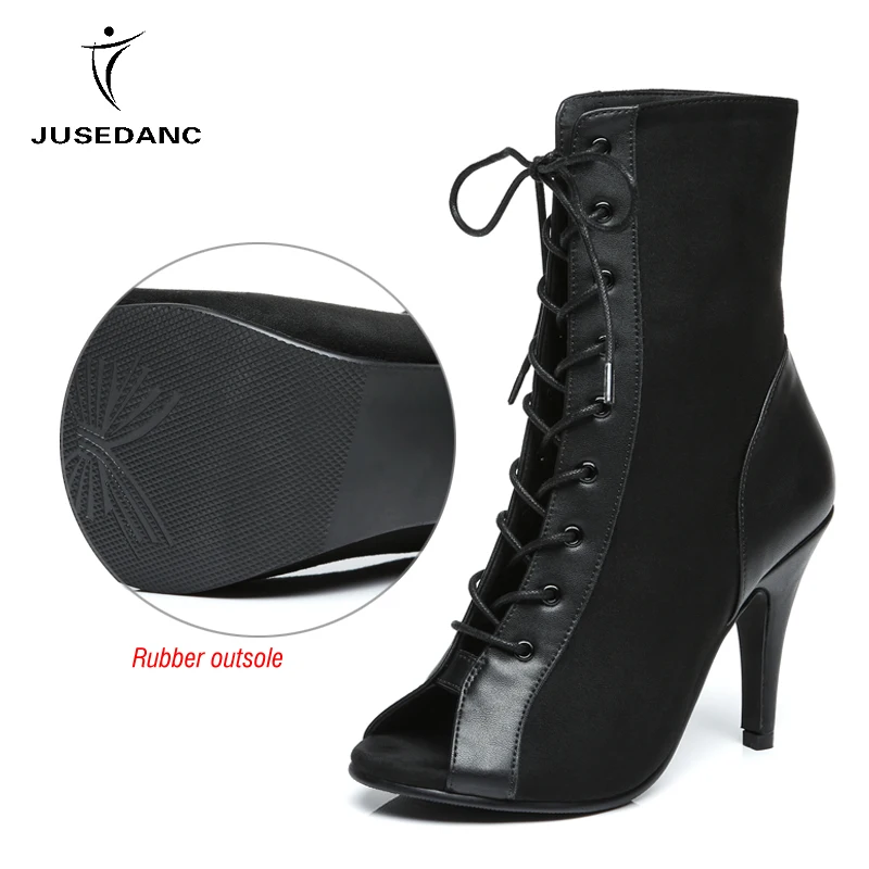 

Latin Dance Shoes For Women Black Tango Waltz Shoes Rubber Outsole Dance Boots Wear Outside Lace up Women JuseDanc