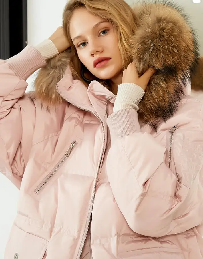 pink Зимнее пальто с натуральным мехом, длинная парка с капюшоном и утиным пухом в стиле хлеба, женское негабаритное плотное теплое пушистое пуховое пальто F251 - Цвет: pink