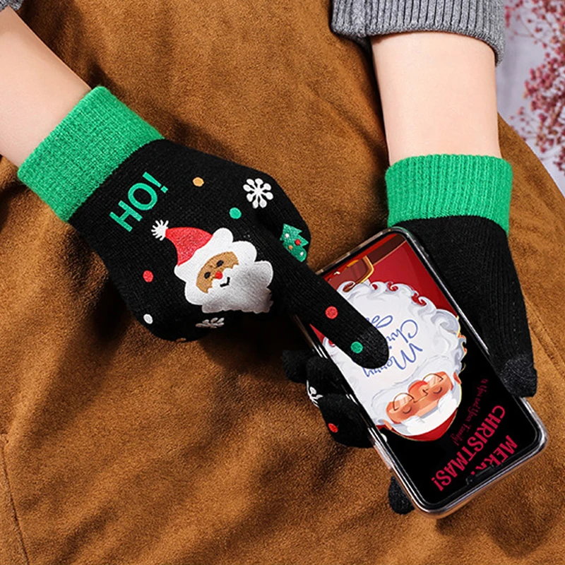 

Christmas Santa Printed Toddler Gloves Adult Winter Cute Warm Full Fingers Touch Screen Gloves Men Women Kid Wool Knitted Mitten