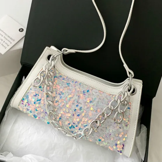 

Fashion Sequins Armpit Bags for Women Designer Chain Women's Handbag 2021 Brands Women Shoulder Bags Phone Purse Female Clutch