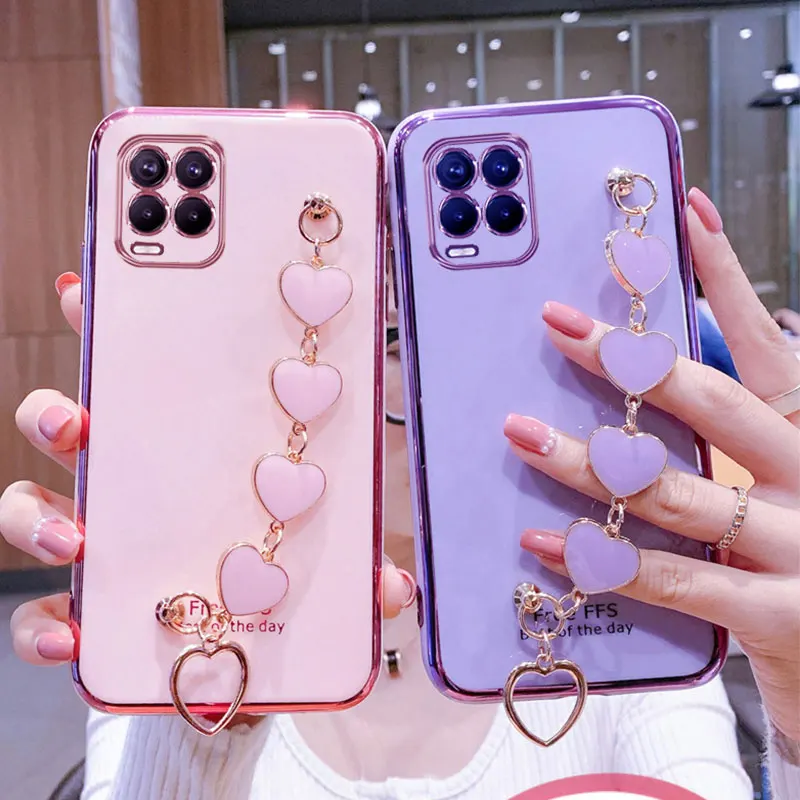 wrist bracelet phone case for oppo realme 8 case luxury love heart chain plating cover for oppo realme 8 7 pro 4g 5g capa fundas free global shipping