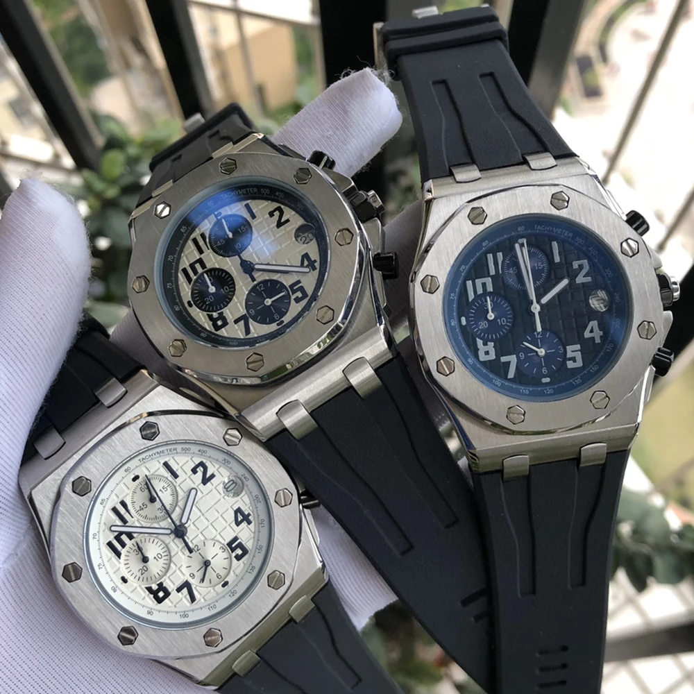 

2021 Classic New Men Quartz Chronograph Stopwatch Sapphire Oaks Silver Rubber Black 904L Stainless Steel Titanium Watch Royal