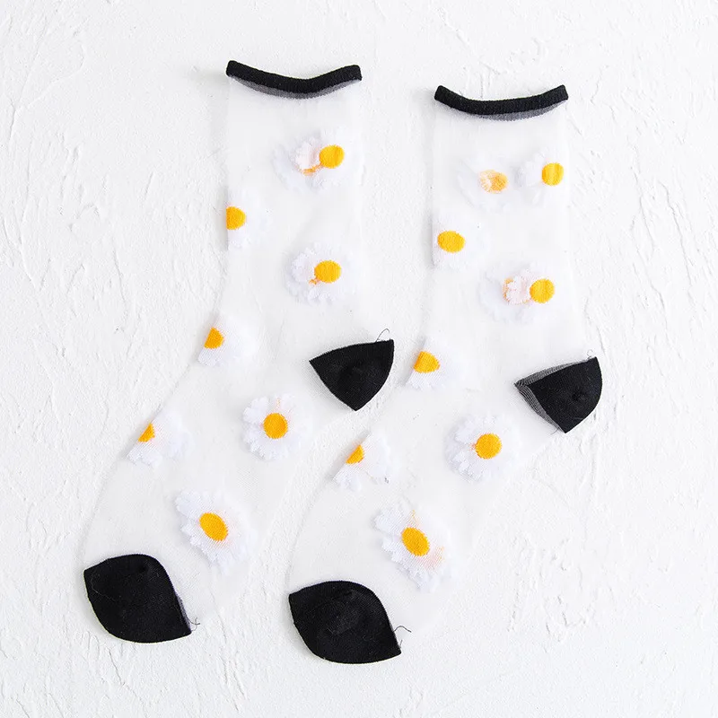

3Pair /Pack Summer Ultra-thin Crystal Transparent Flower Designer Socks Women Crew Cass Glass Fiber Silk Fashion Thin Socks 2021
