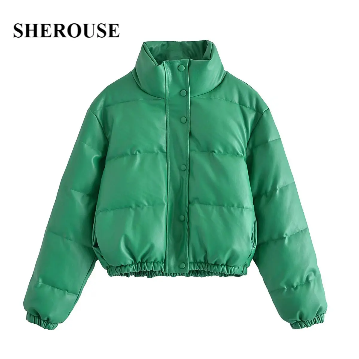 

Женская куртка на молнии Sherouse, винтажная однотонная укороченная куртка с высоким воротом и длинными рукавами