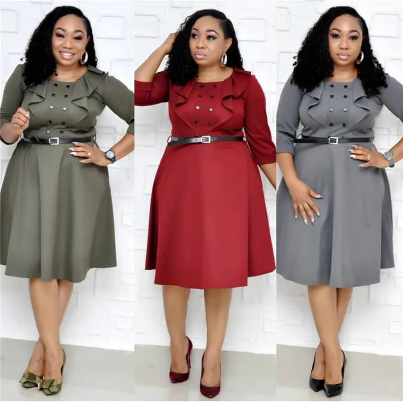 

2020 Autumn Ruffled Work Dress Solid Women Half Sleeve Double Breasted A-Line Dress Plus Size Empire Knee Length Dresses