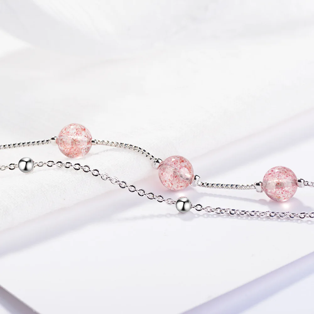

ModaOne New Simple Fashion Natural Strawberry Crystal Double Layer Chain Bracelet For Women 925 Sterling Silver Jewelry