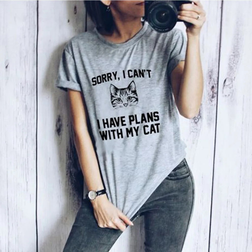 Женская футболка с буквенным принтом кота забавные Женские топы коротким