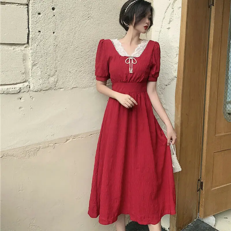 

Women Lace Puff Sleeve Dress Midi Chiffon Reversible Square Collar Retro