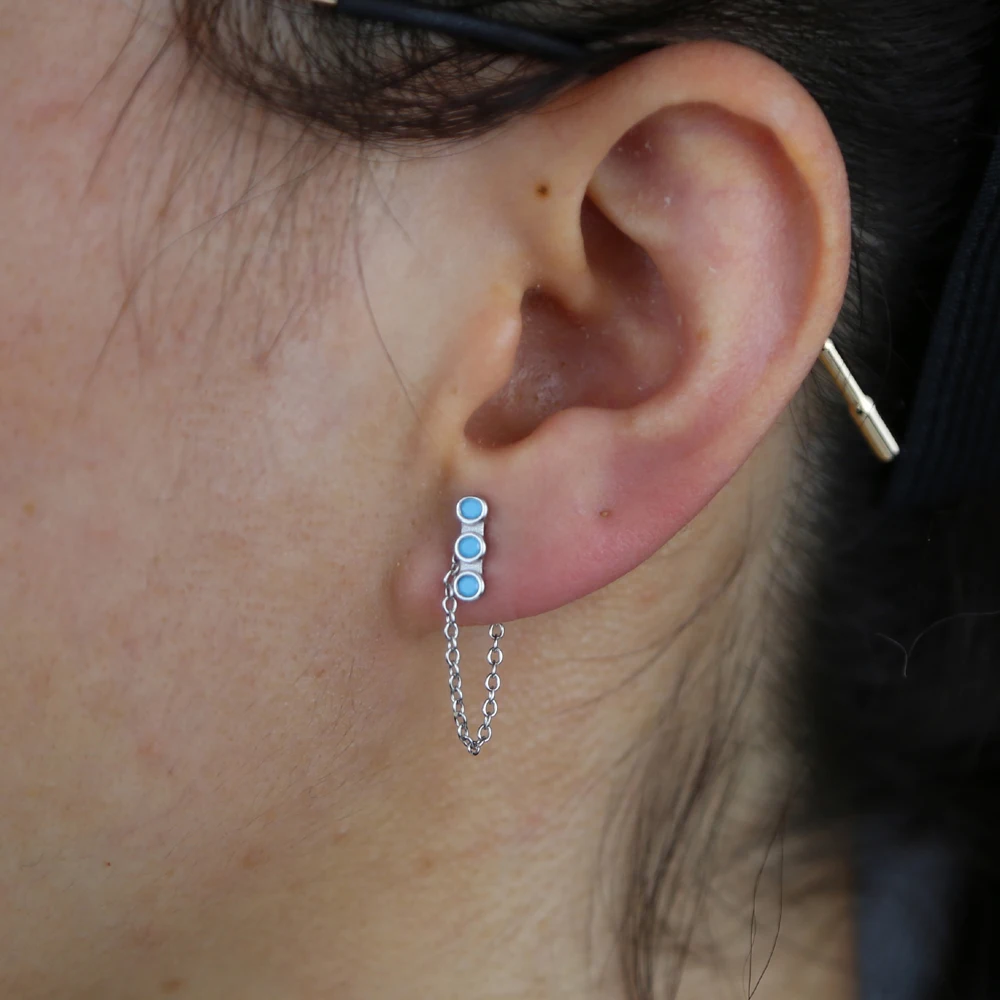 

Tiny Link Chain Tassel Dangle Earrings For Women black blue stone paved Dangle bar shape Earrings 925 sterling silver jewelry