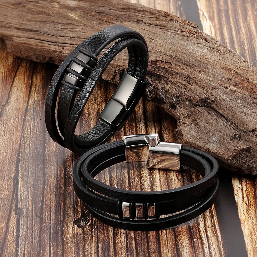 Модный мужской браслет из натуральной кожи многослойный дизайн браслеты