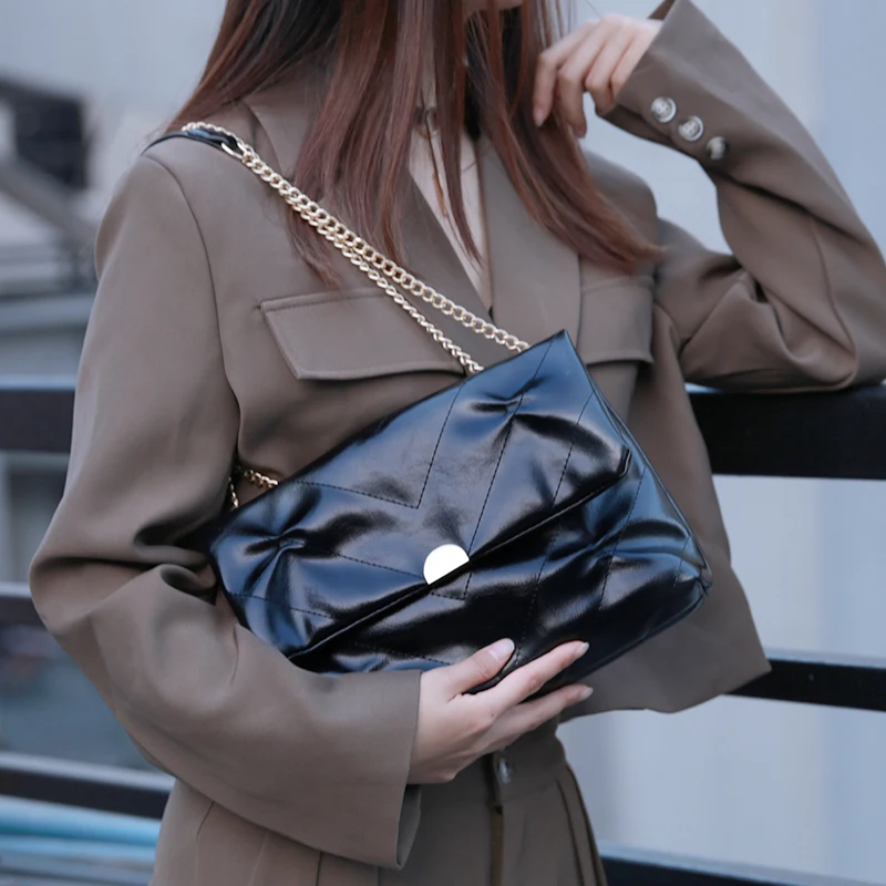 

Leather Quilted Crossbody Bags for Women 2021 Branded Design Large Flap Shoulder Purse with Metal Chain