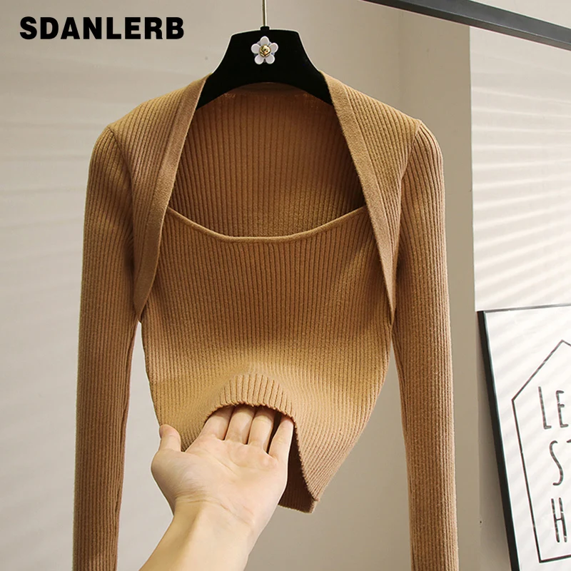 

Женская трикотажная рубашка с длинным рукавом и квадратным вырезом