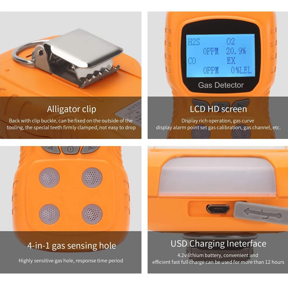 

LCD 4 in 1 Toxic Gas Alarm Detector CO O2 H2S Oxygen Monitor Gas Analyzer Meter USB Rechargeable Digital Gas Detector