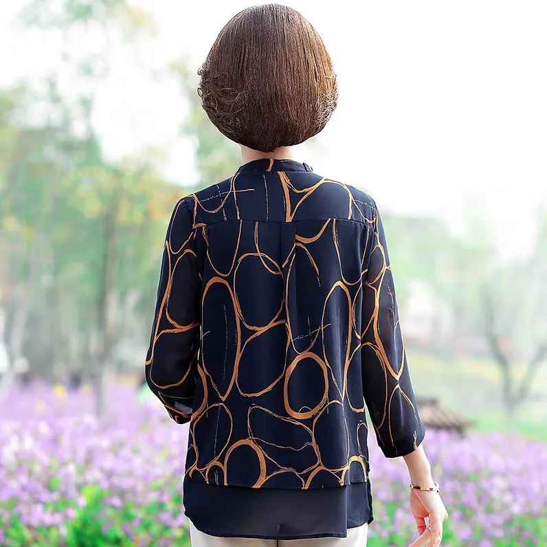 

Spring Chiffon Shirt Women Three Quarter Sleeve Floral Printed Tops Large Size Elegant Ladies Summer Loose Blouse and Shirt