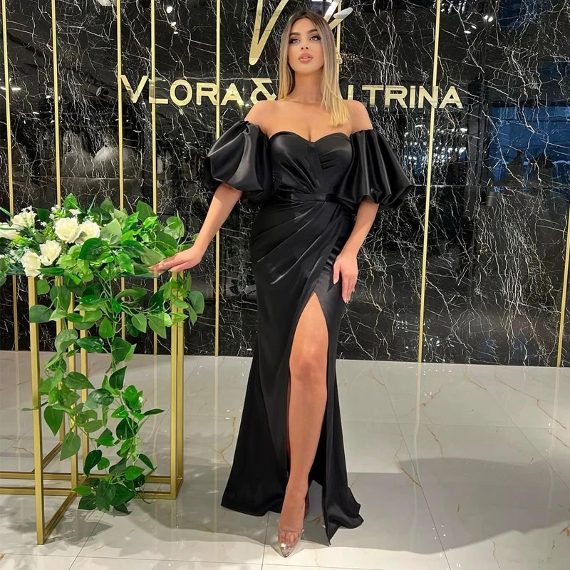 

Thinyfull Black Prom Dresses Sweetheart Mermaid Evening Dress High Split Saudi Arabia Dubai Satin Cocktail Party Gowns Plus Size