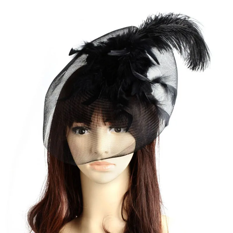 Новый черный перо мини топ шляпа органза сетка заколка для волос девушка