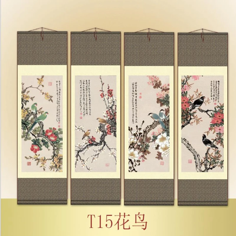 4Pc Chinese Silk Scroll Painting Gongbi Flowers Bird Calligraphy Home/Office Decoration