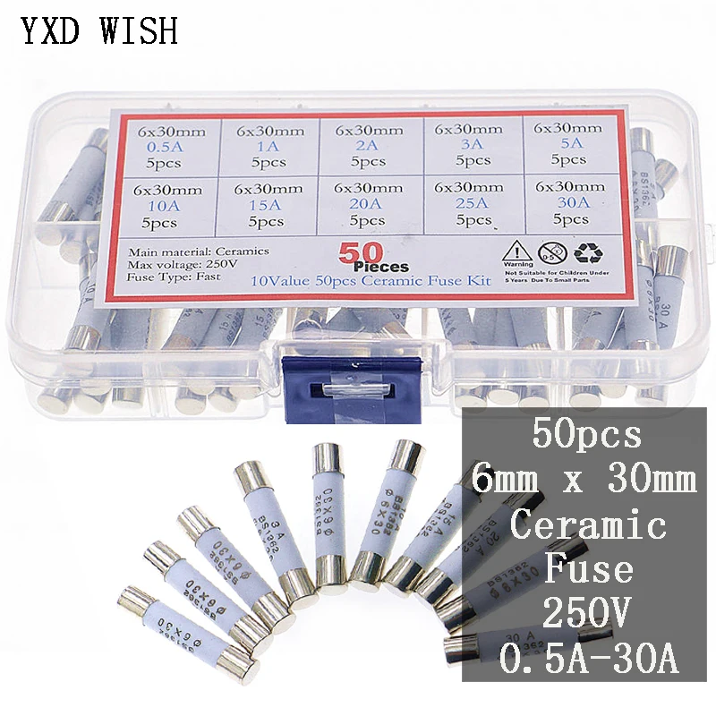 

50pcs/Box 6mm x 30mm 250V Fast Blow Ceramic Fuse Assortment Kit 0.5A 1A 2A 3A 5A 10A 15A 20A 25A 30A 6*30mm Ceramic Fuses