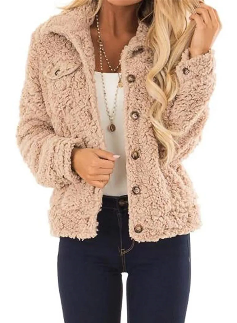 Женское пальто из искусственной овчины с лацканами на пуговицах зимняя теплая