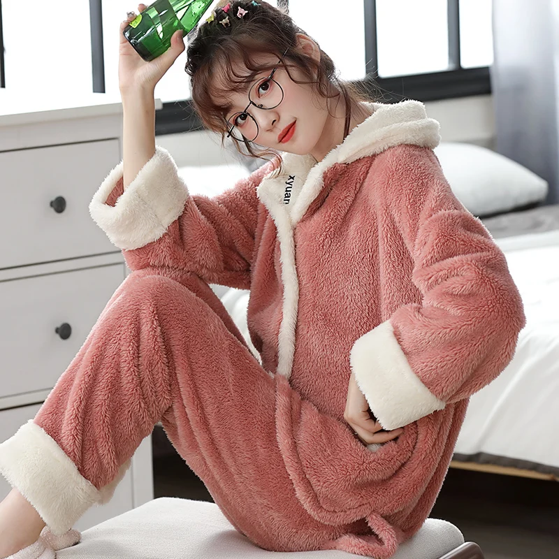 Coral Fleece Pajamas Cardigan Cute Long Sleeve Korean Style Thicken Pajamas Loose Fashion Pijamas De Mujer Homewear Women DI50SY