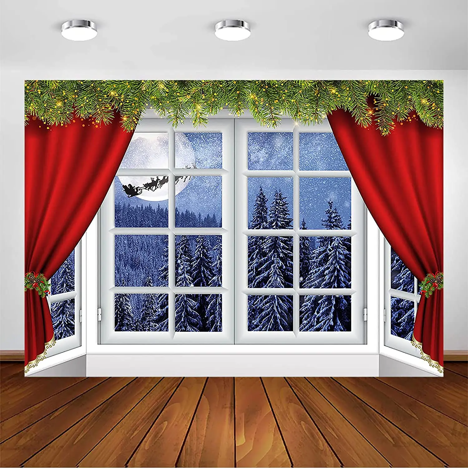 

Red Christmas Window Photo Backdrop for Winter Wonderland Snow Tree Starry Sky Moon Reindeer Santa Xmas Photography Background