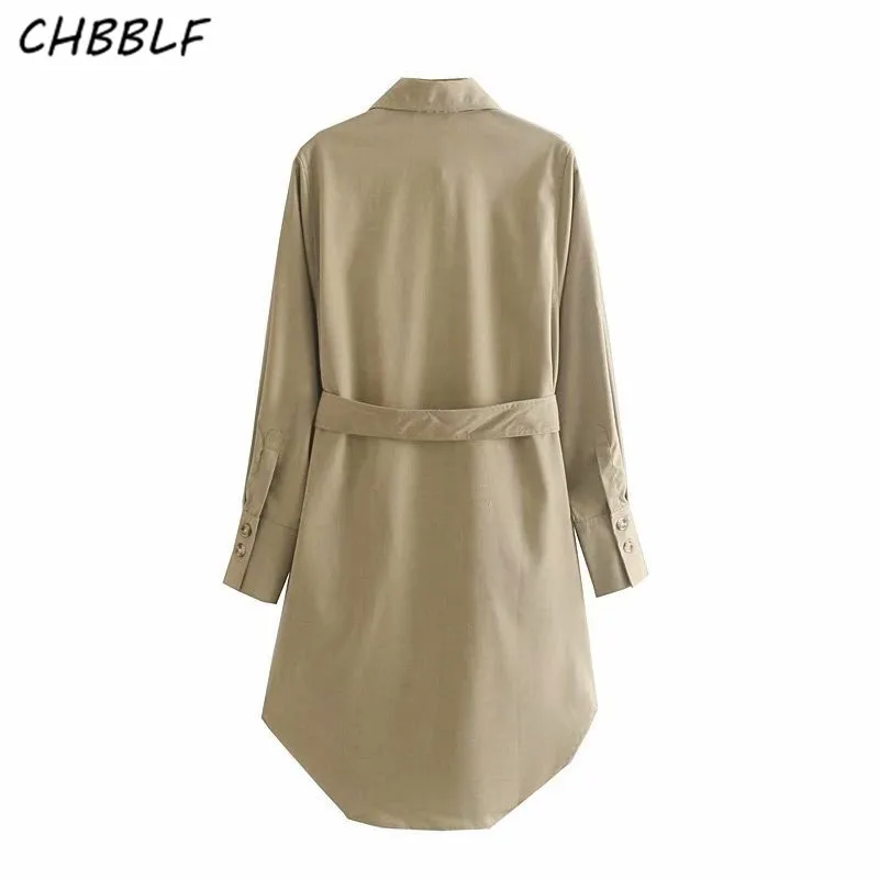 CHBBLF женское платье цвета хаки длиной до колена с поясом-бантом и карманами