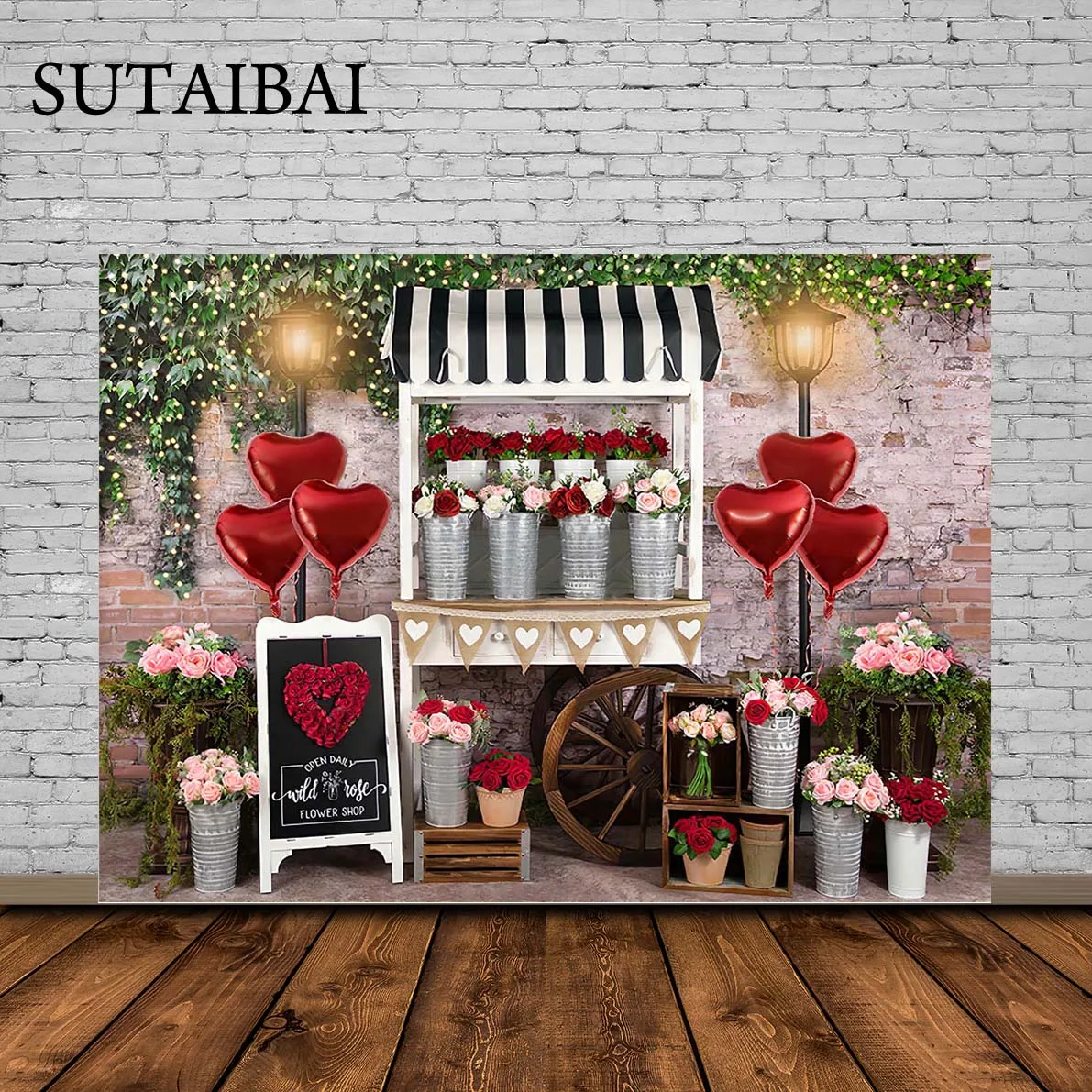 

Kids Valentine Background Red Balloon Rose Shop Birthday Family Party Background Brick Walls Props Photography Photostudio