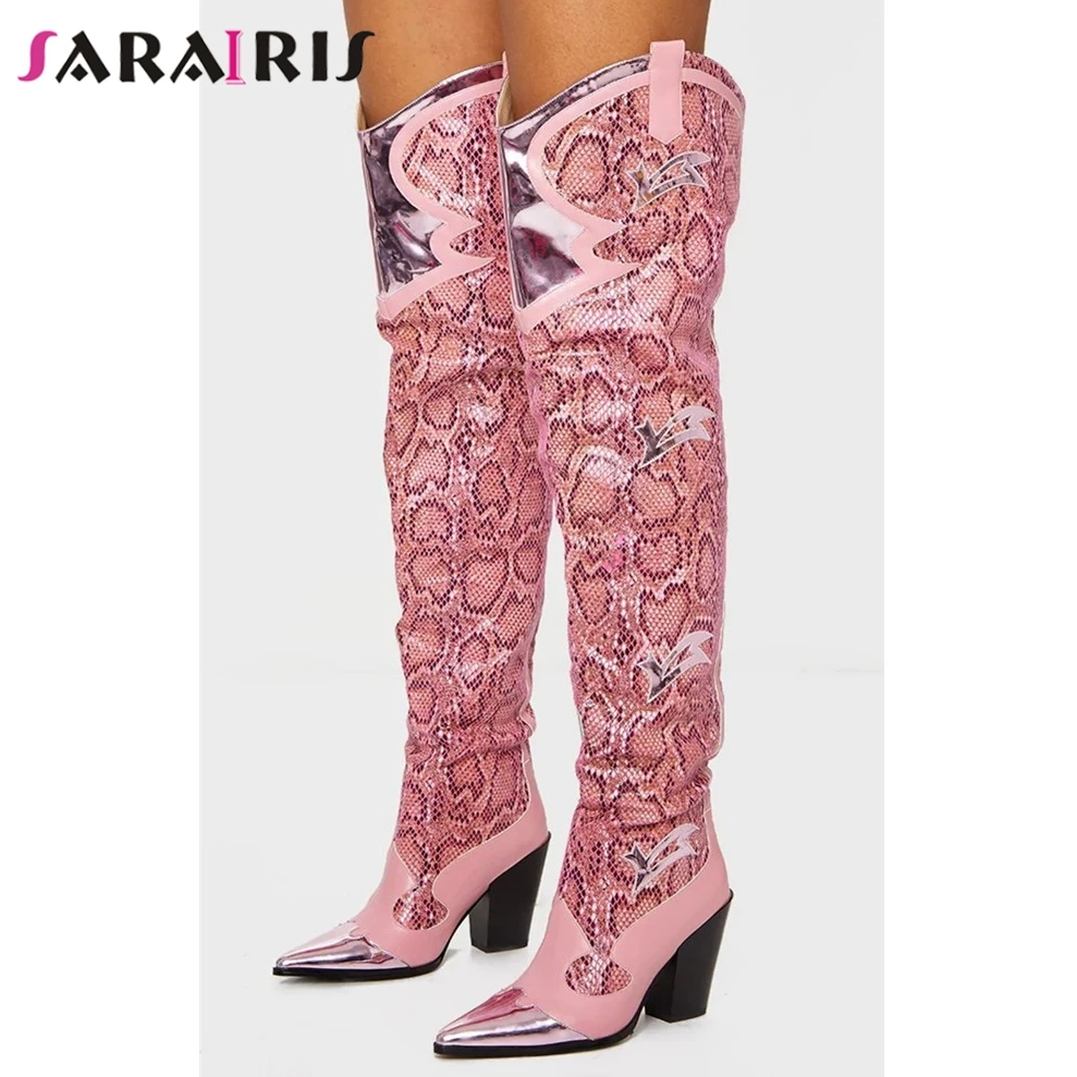 

SARAIRIS Big Size 35-43 Female Pink Print Boots Over The Knee Boots Women Pointed Toe Thick High Heels Thigh High Shoes Woman