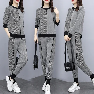 

Casual Knit Pants 2 Piece Sets For Women Plaid Wholesale Clothing Knitted Women's Sweater Two Piece Set Top And Pants Clothes