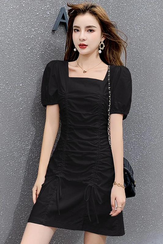 

COIGARSAM French Style Chiffon Women dress New Summer Vintage Puff Sleeve Square Collar Dresses Black White 8257