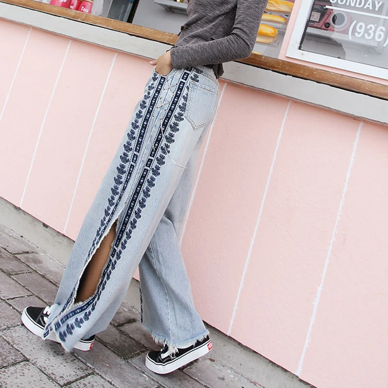 Женские джинсы с высокой талией Узкие Широкие брюки из денима винтажной вышивкой