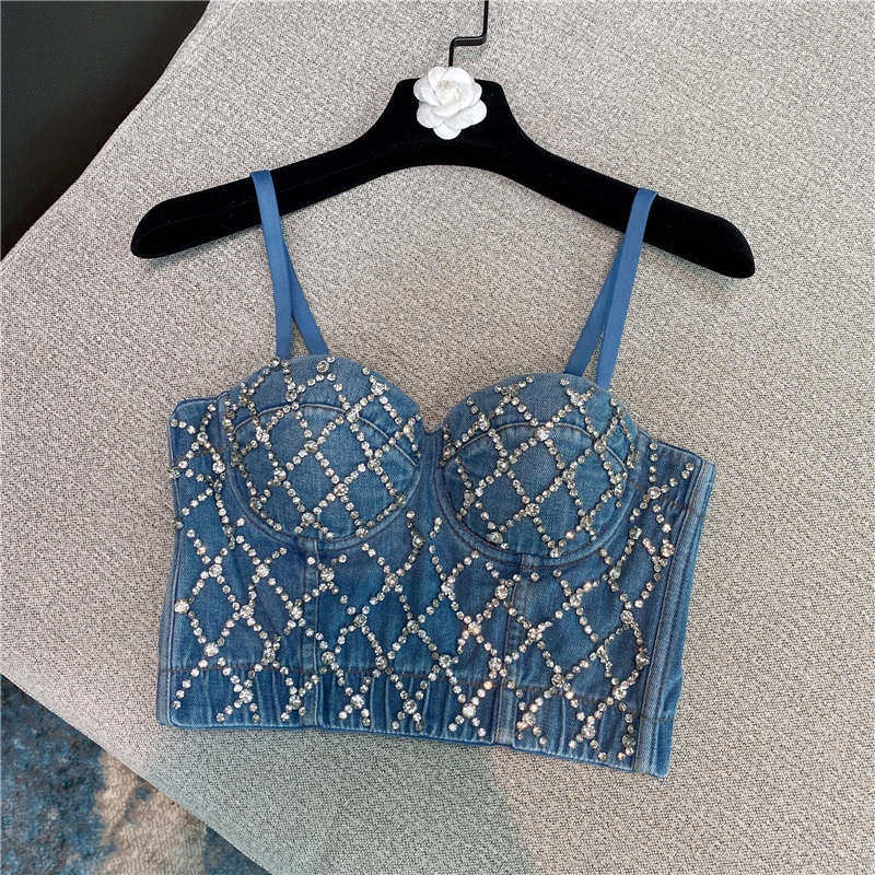 2020 Fall Winter Woman Slim Fit Three-Dimensional Cup Rhinestone Short Denim Camisole Top Female Lady Night-Club Wear Bra