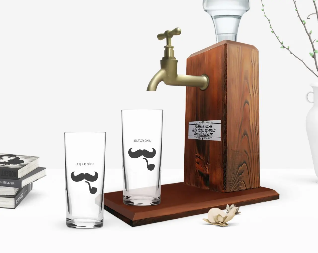 

Персонализированные Цветные принты имеет двойную Arrack чашки и деревянные стойки подарок Seti-128