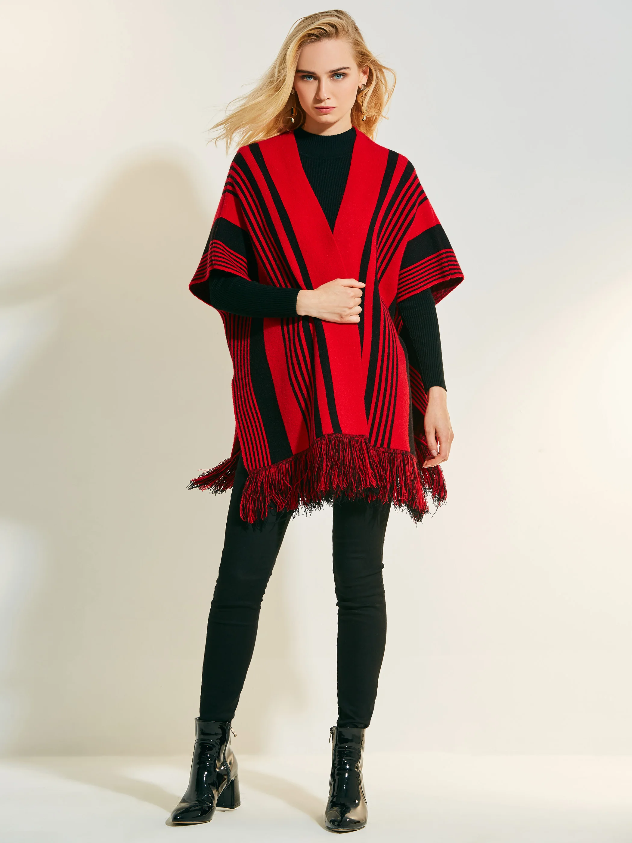 Women Cashmere Cape Red Stripe Color Block Knitted Tassel Shawl 2020 Knit Poncho Fashion Female Casual Boho Capes |