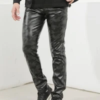 men pencil trousers plush waterproof slim faux leather winter leather pants for nightclub