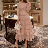 new pink lace woman dresses 2021 autumn long sleeve floral embroidery elegant party maxi dress woman bud bodycon