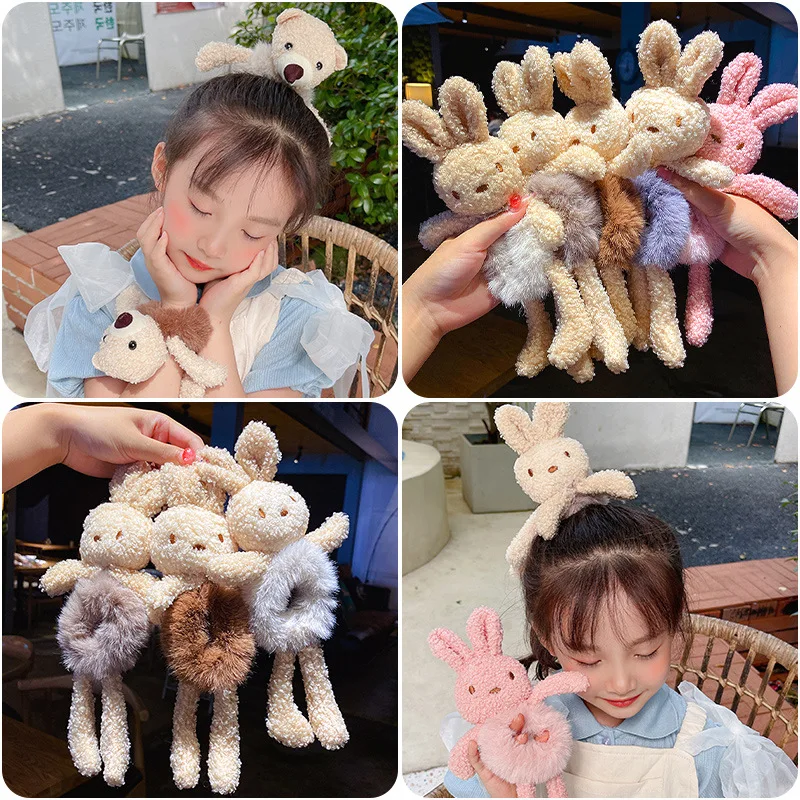 

Cute Bear Rabbit Toy Faux Fur Scrunchies Elastic Hair Bands for Girl Women Updo Ponytail Holder Gum Ties Winter Hair Accessories