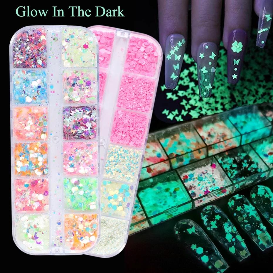 Luminous Nail Sequins Fluorescent Flakes Paillette Reflected Star Manicure Decor Glow in the Dark Nail Art Glitter Chrome TR1861