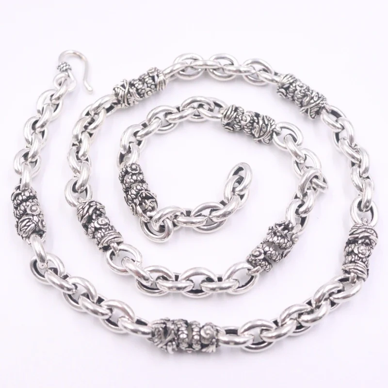 

New Fine Pure S925 Sterling Silver Chain Women Men 8mm Cable Figure Bead Link Dragon Bead Necklace