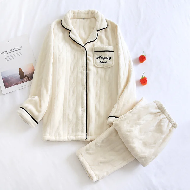 

Pajamas Set Women Autumn/winter Thick Long Sleeve Men Nightgown Plain Color Simple Keep Warm Loose Comfy Flannel Couple Homewear
