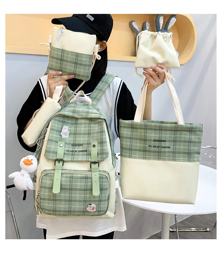 

2021 Fashion Female Lattice Schoolbag Woman Backpack Large Capacity Casual Travel Bag 4-Piece Multi-Function Laptop Bag Mochila