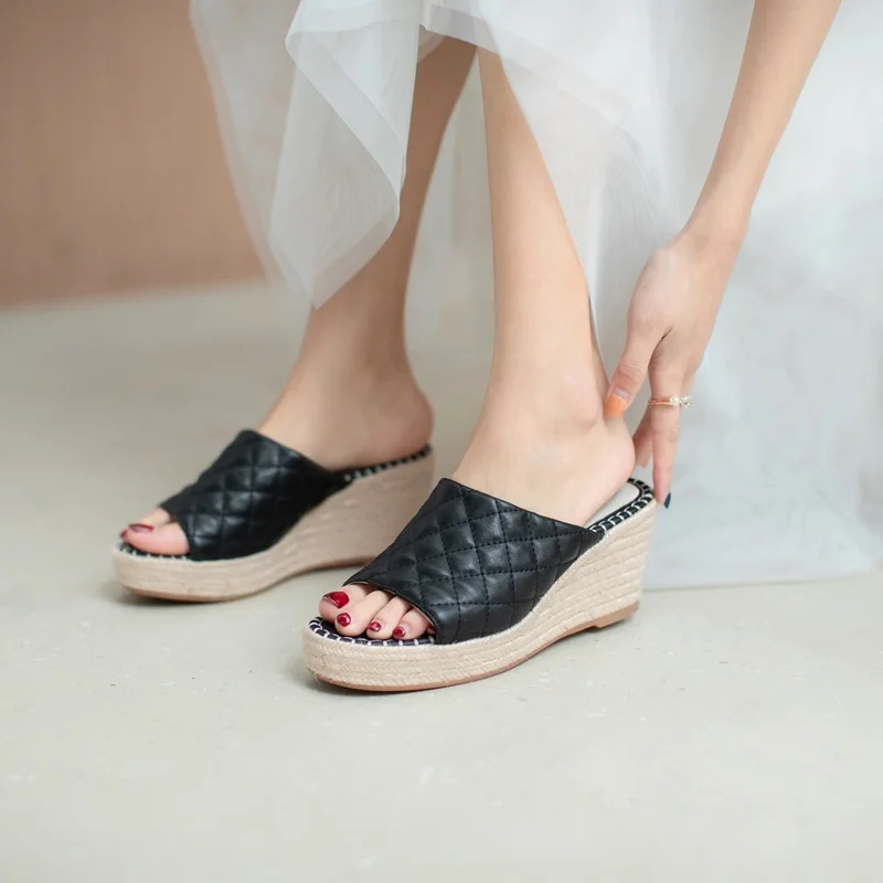 

EGONERY Women Slope Heel Slipper summer New Style Leisure Sandals Concise Comfortable office lady Round Toe Solid color